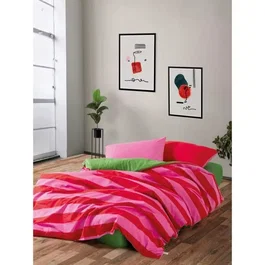 Parure de lit king-size en coton renforcé - Housse de couette 240 x 220 cm + 2 taies d'oreiller 60 x 60 cm - Couleurs rose, vert, fuchsia - Lavable machine