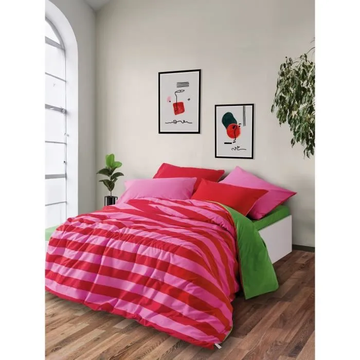 Parure de lit king-size en coton renforcé - Housse de couette 240 x 220 cm + 2 taies d'oreiller 60 x 60 cm - Couleurs rose, vert, fuchsia - Lavable machine