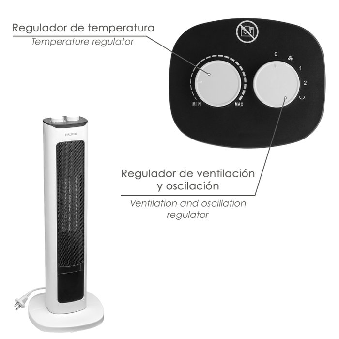 MAURER Ventilateur soufflant tour avec effet flamme 800/2000W MAURER Ventilateur soufflant tour avec effet flamme 800/2000W