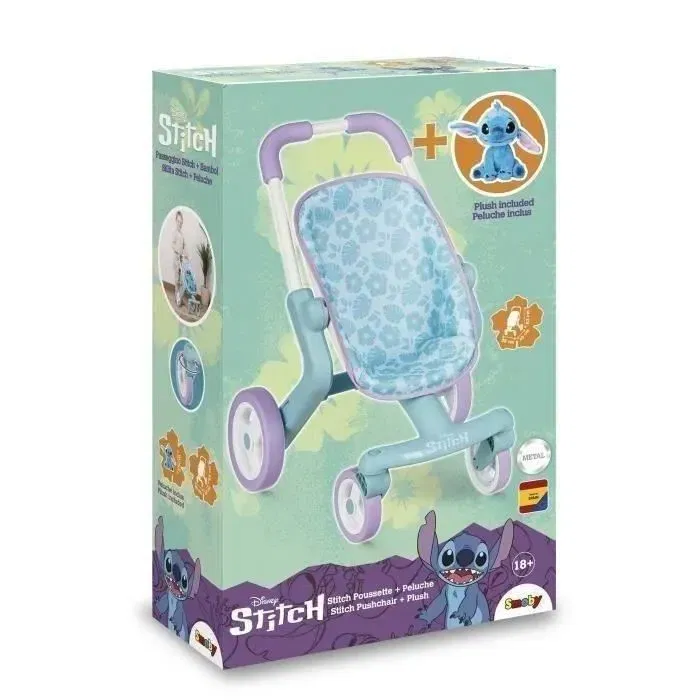 Smoby Poussette avec Peluche Stitch - Jouet de Promenade pour Enfant dès 18 Mois - Modèle à 4 Roues Orientables et Poignée Ergonomique - 53 cm (Fabrication Espagnole)