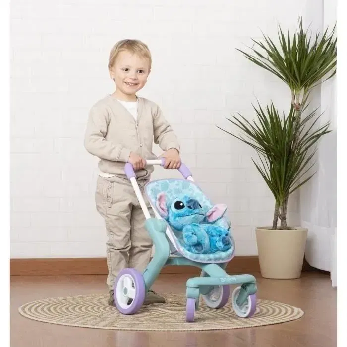 Smoby Poussette avec Peluche Stitch - Jouet de Promenade pour Enfant dès 18 Mois - Modèle à 4 Roues Orientables et Poignée Ergonomique - 53 cm (Fabrication Espagnole)