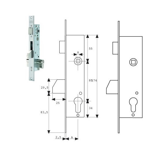 TESA Serrure à mortaise 421028AI Inox sans cylindre TESA Serrure à mortaise 421028AI Inox sans cylindre