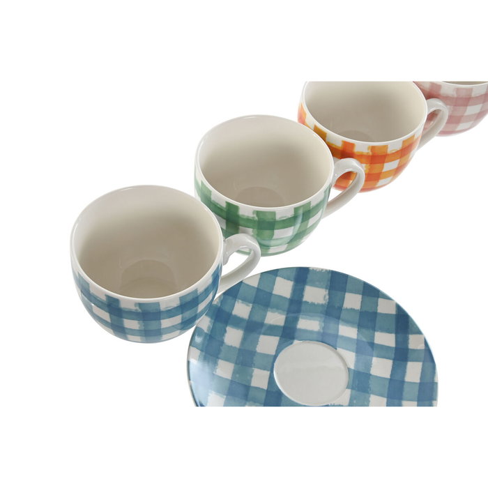 Jeu de 6 tasses avec plat Home ESPRIT Bleu Vert Orange Rose Porcelaine Rayures méditerranéen 240 ml