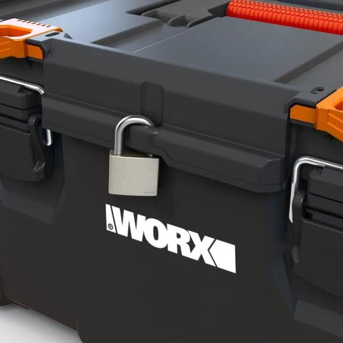 Boîte à outils de marque Keter WORX STACK N ROLL, coffre de rangement robuste et roulant, 48 cm x 33 cm x 26 cm, noir