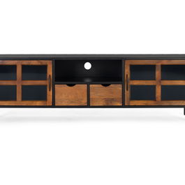 GINER Y COLOMER - Buffet TV industriel en métal et bois de manguier 180x40x56 cm, 2 portes et 2 tiroirs en verre - Noir et naturel
