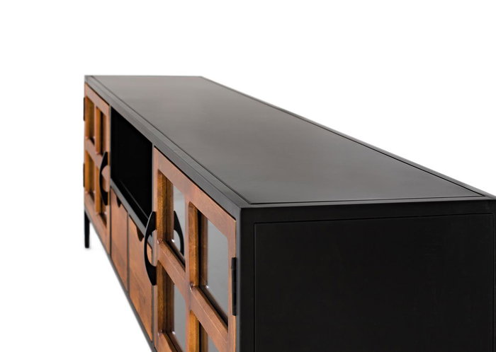 GINER Y COLOMER - Buffet TV industriel en métal et bois de manguier 180x40x56 cm, 2 portes et 2 tiroirs en verre - Noir et naturel