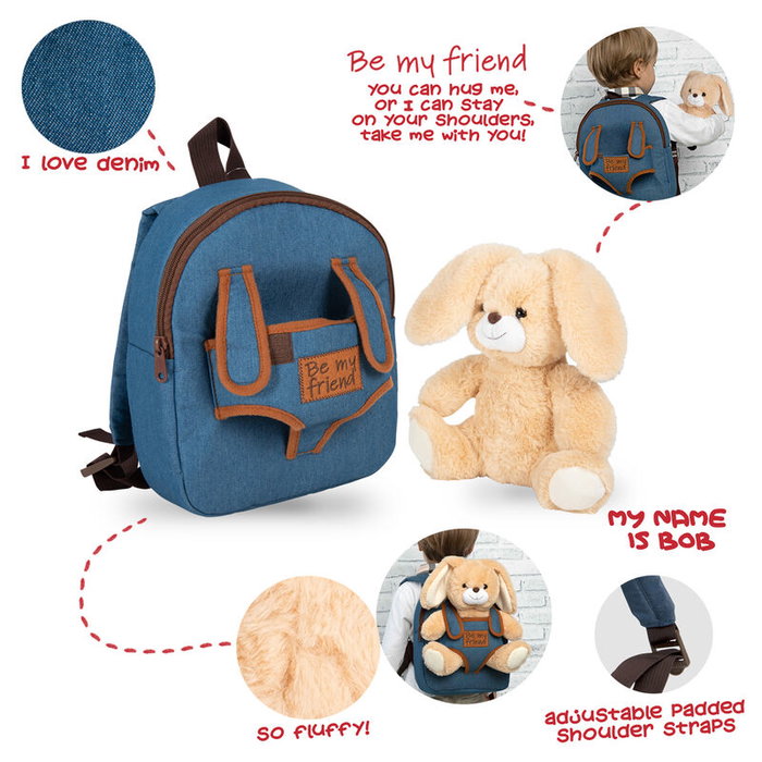 PERLETTI Sac à dos enfant avec peluche Lapin Conejo Bob 26 cm - Sac à dos 26x21x8 cm