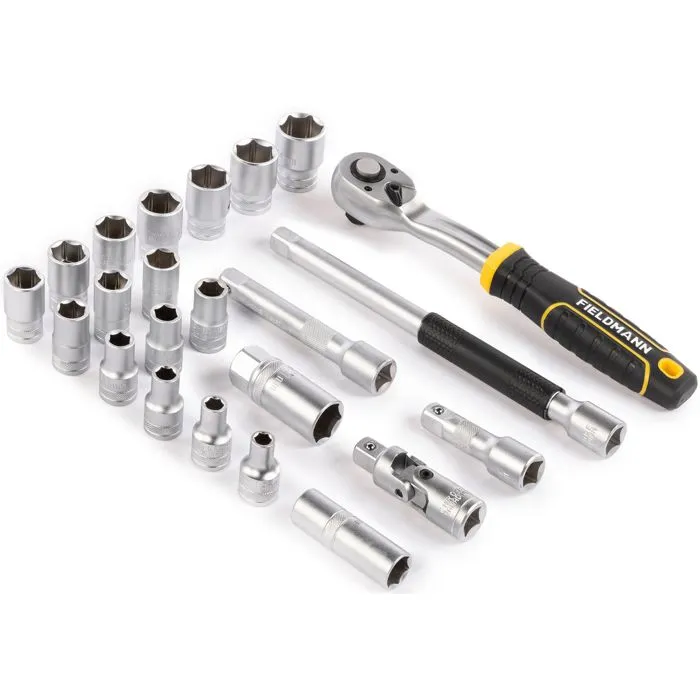 Fieldmann FDG 5022-23R - Jeu de clés à douille 23 pièces avec coffret, cliquet 1/2 pouce 72 dents, douilles 8 à 24 mm et rallonges pour garage/atelier