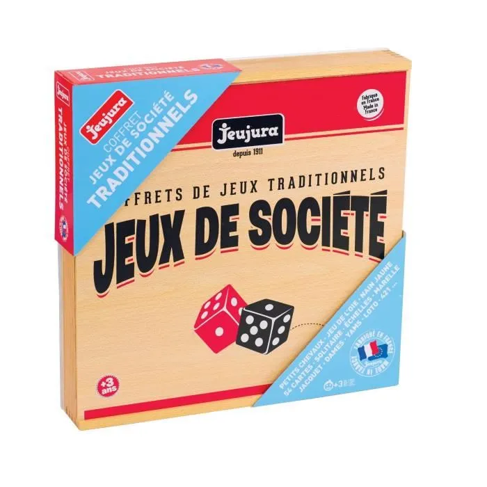 Jeujura Coffret de Jeux de Société Traditionnels en Bois - Jeux de l'Oie, Petits Chevaux, Dames, Solitaire, Marelle, Jacquet, Loto, Yams, 421 et Cartes avec Pions et Règles
