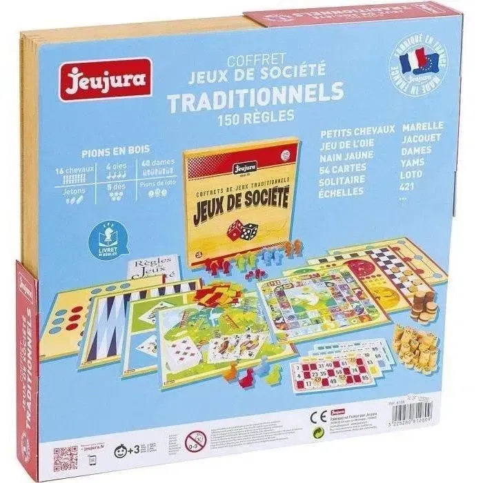 Jeujura Coffret de Jeux de Société Traditionnels en Bois - Jeux de l'Oie, Petits Chevaux, Dames, Solitaire, Marelle, Jacquet, Loto, Yams, 421 et Cartes avec Pions et Règles