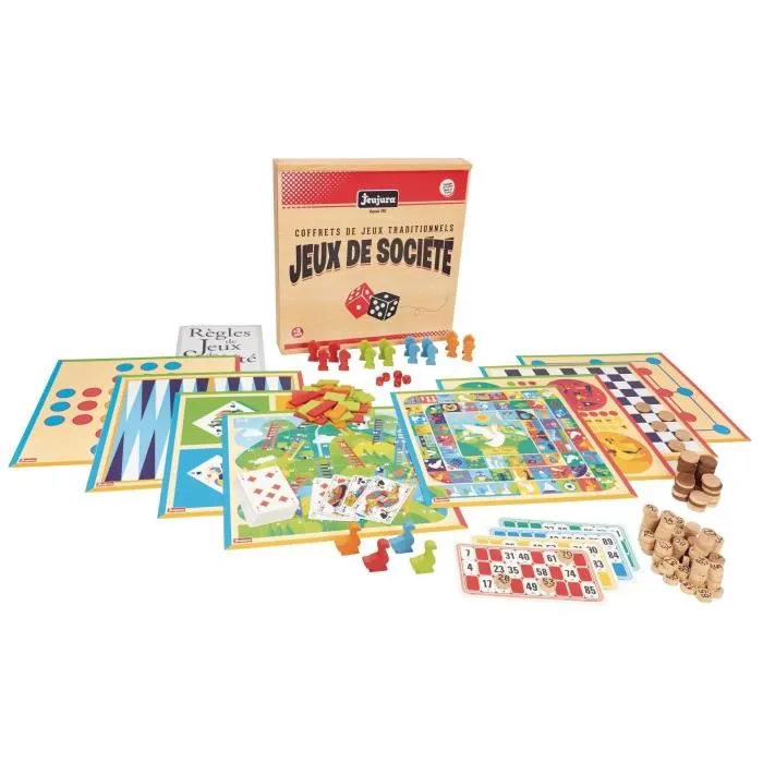 Jeujura Coffret de Jeux de Société Traditionnels en Bois - Jeux de l'Oie, Petits Chevaux, Dames, Solitaire, Marelle, Jacquet, Loto, Yams, 421 et Cartes avec Pions et Règles