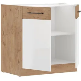 ROCK Meuble bas de cuisine avec 2 portes battantes, décor chêne Lancelot et blanc, 80 cm