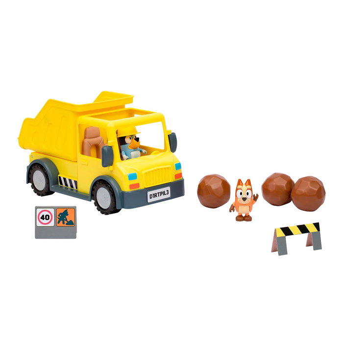 Famosa Camion Benne Bluey et Bingo - Jeu de Construction avec Figurines, Autocollants et Accessoires - Jouet pour Enfants dès 3 Ans
