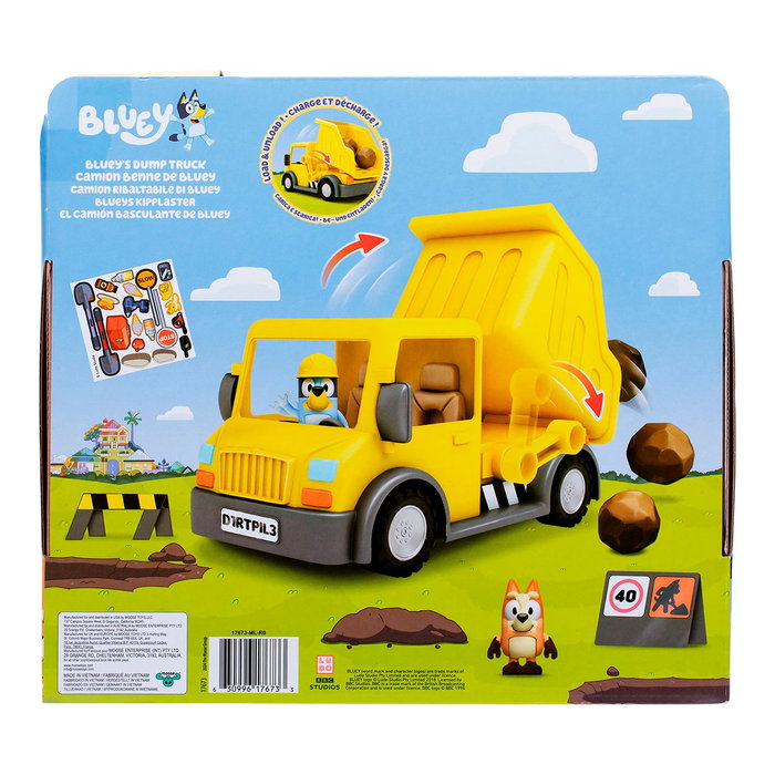 Famosa Camion Benne Bluey et Bingo - Jeu de Construction avec Figurines, Autocollants et Accessoires - Jouet pour Enfants dès 3 Ans