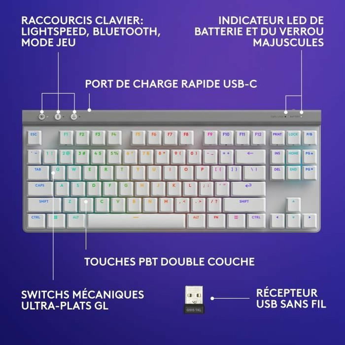 Logitech G G515 TKL LIGHTSPEED - Clavier Gamer Sans Fil AZERTY - Blanc