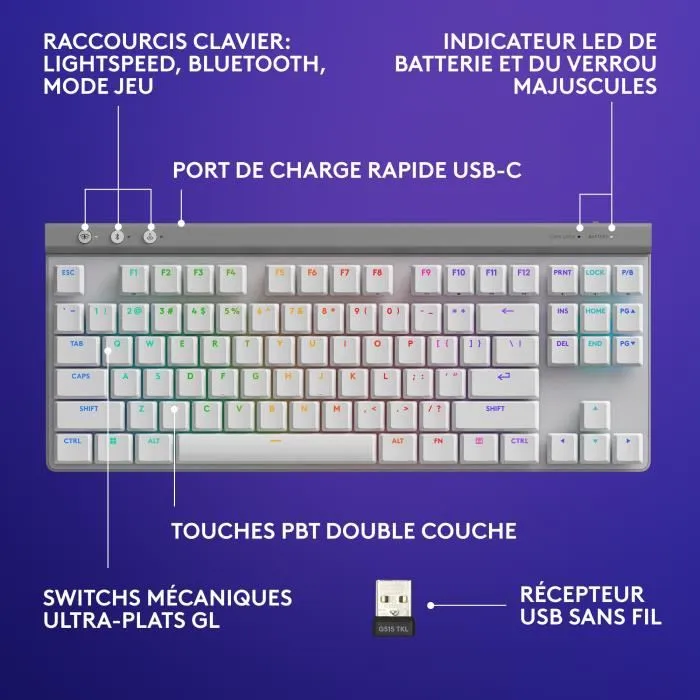 Logitech G G515 TKL LIGHTSPEED - Clavier Gamer Sans Fil AZERTY - Blanc