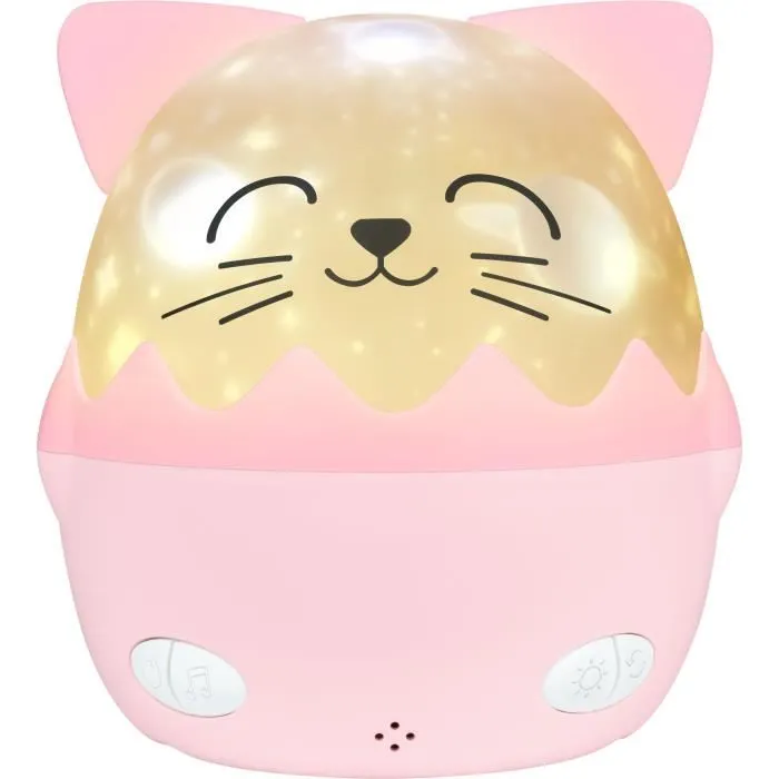 Bigben - Veilleuse musicale sans fil avec projection 360°, motif Chat, 13 films, 8 mélodies, télécommande et batterie USB-C rechargeable