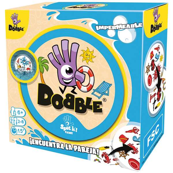 Asmodee Dobble Waterproof - Jeu d'observation et de réflexes imperméable - 30 cartes - 2 à 8 joueurs - Version espagnol et portugais