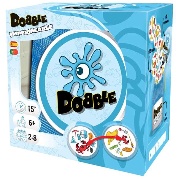 Asmodee Dobble Waterproof - Jeu d'observation et de réflexes imperméable - 30 cartes - 2 à 8 joueurs - Version espagnol et portugais