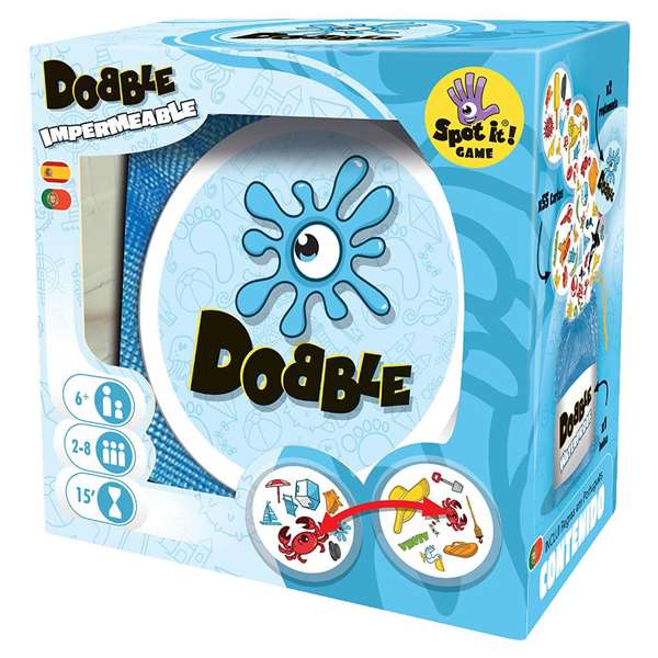 Asmodee Dobble Waterproof - Jeu d'observation et de réflexes imperméable - 30 cartes - 2 à 8 joueurs - Version espagnol et portugais