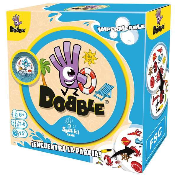 Asmodee Dobble Waterproof - Jeu d'observation et de réflexes imperméable - 30 cartes - 2 à 8 joueurs - Version espagnol et portugais