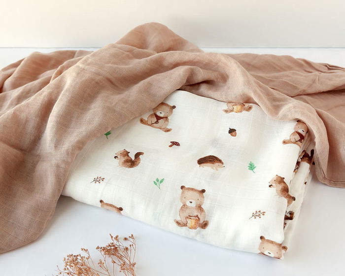 KioKids - Set de 2 Muselinas en Bambou et Coton 70/30, 120 x 120 cm, Motif Ours Marron, Certifié Oeko-Tex Standard 100, Pour Bébé 0 Mois et Plus