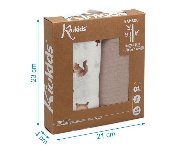 KioKids - Set de 2 Muselinas en Bambou et Coton 70/30, 120 x 120 cm, Motif Ours Marron, Certifié Oeko-Tex Standard 100, Pour Bébé 0 Mois et Plus