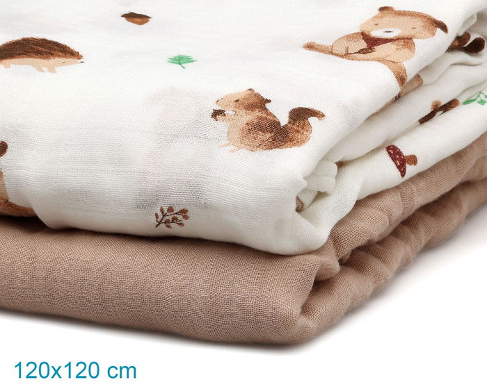 KioKids - Set de 2 Muselinas en Bambou et Coton 70/30, 120 x 120 cm, Motif Ours Marron, Certifié Oeko-Tex Standard 100, Pour Bébé 0 Mois et Plus