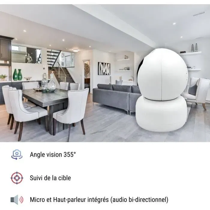 Konyks CAMINI 2 Caméra de Surveillance Intérieure Motorisée WiFi - Détection de Mouvements, Rotation 350°, Vision Nocturne 5 m, Enregistrement 3MP sur Carte SD, Alerte Smartphone