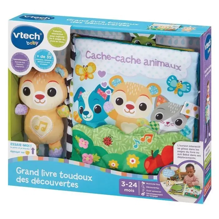 Vtech Baby - Grand Livre Toudoux Des Découvertes - Livre d'éveil en tissu interactif avec peluche ourson, sons et lumières - Jouet pour bébé de 3 à 24 mois