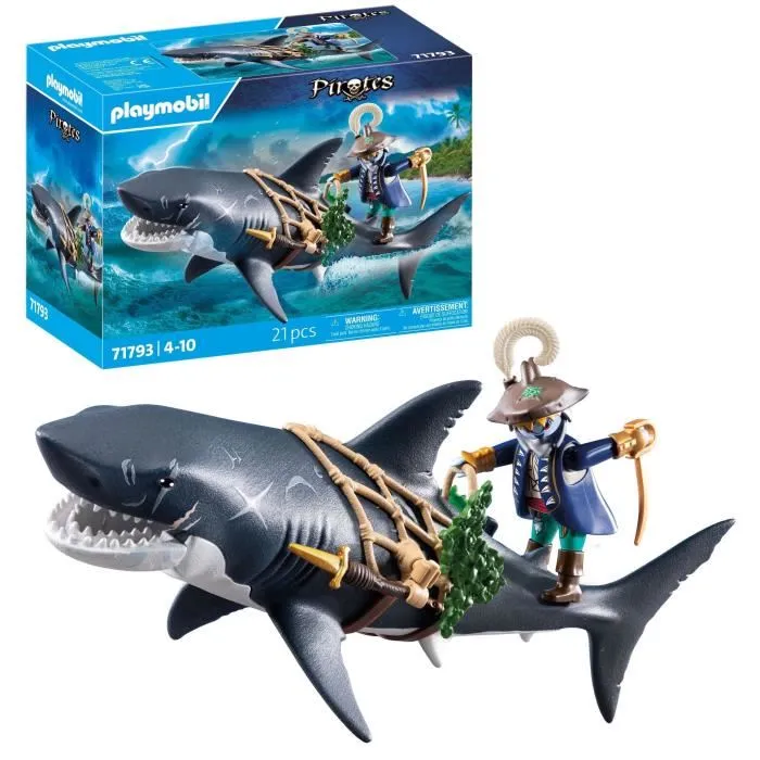 PLAYMOBIL 71793 - Pirate et requin avec mâchoire articulée, Figurine Les Pirates, Jouet 21 pièces, À partir de 4 ans