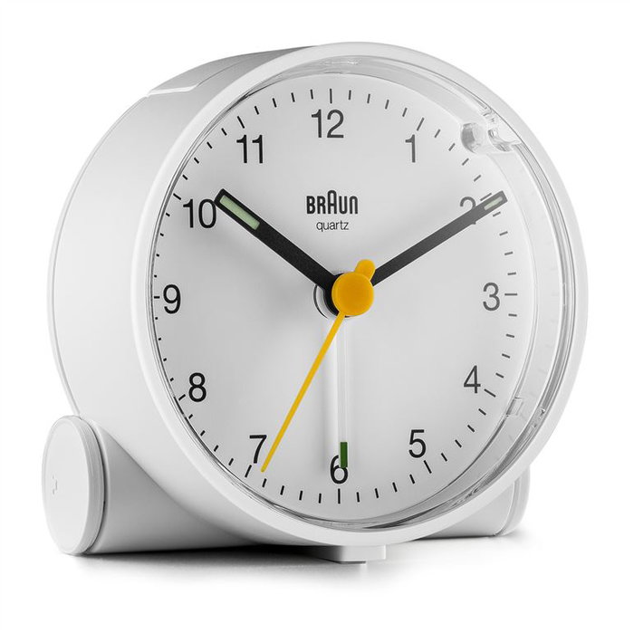 Braun Réveil Analogique Classique BC-01-W avec Mouvement Silencieux et Alarme Croissante, Cadran Blanc et Aiguilles Luminiscentes