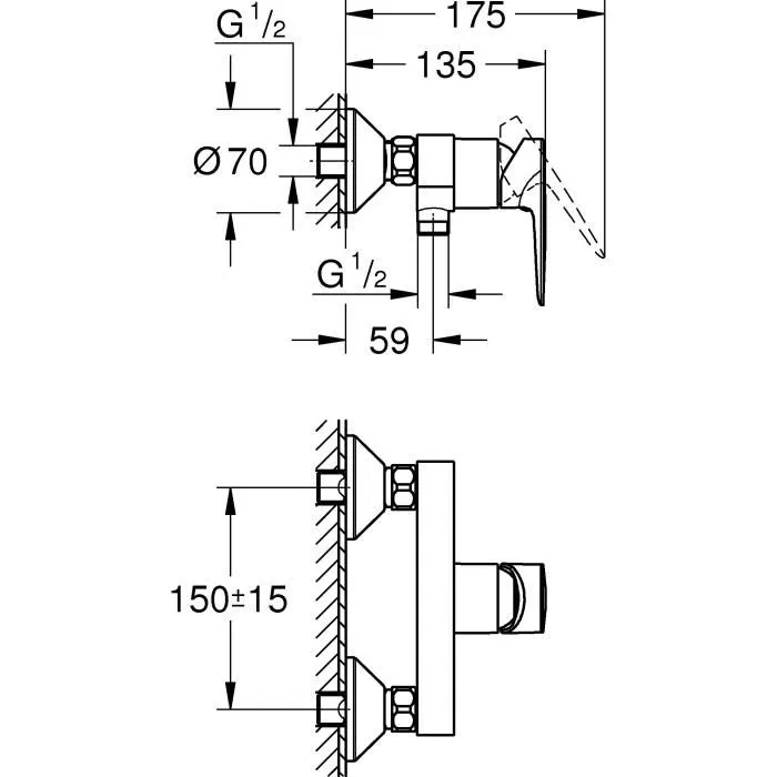 GROHE - Mitigeur de douche monocommande à poser mural chromé, économique en eau, compatible perçage 2 trous, garantie 5 ans