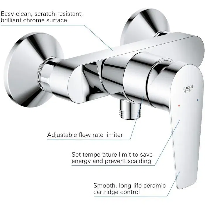 GROHE - Mitigeur de douche monocommande à poser mural chromé, économique en eau, compatible perçage 2 trous, garantie 5 ans