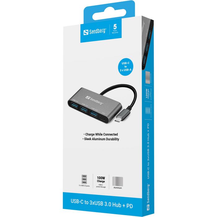 Sandberg Hub USB-C vers 3 Ports USB 3.0 + PD (Power Delivery) - Répartiteur pour MacBook et PC