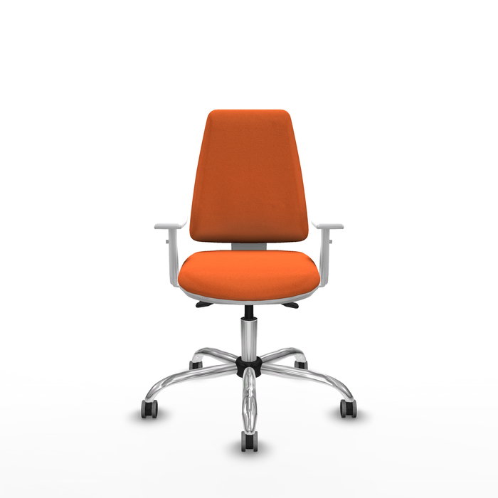 Chaise Elche Asynchrone Tissu Orange Structure chromée Accoudoirs blancs Sans appui-tête Roulettes 65mm pour moquette