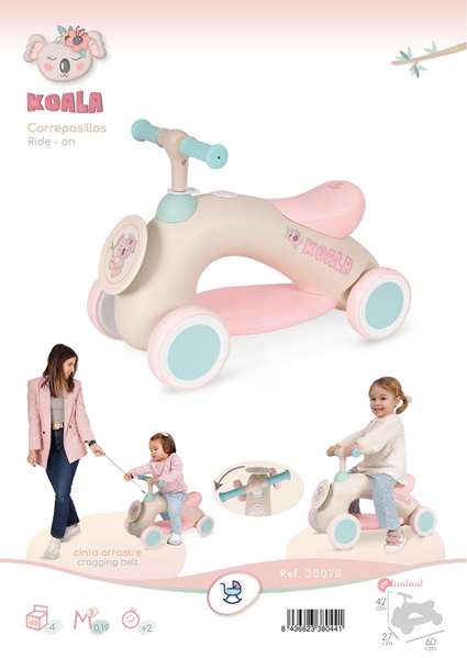 Decuevas Koala 60x27x42 cm - Mon premier trotteur à pousser avec roues en caoutchouc et corde de traction, en métal, plastique et polyester