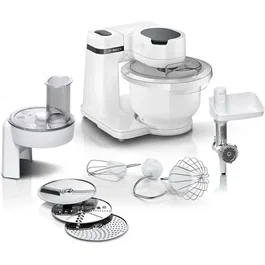 Bosch MUMS2AW21 Robot Pâtissier Serie 2 - 700 W - Bol 3.8 L - 4 Vitesses - avec 3 Disques et Hachoir à Viande - Blanc