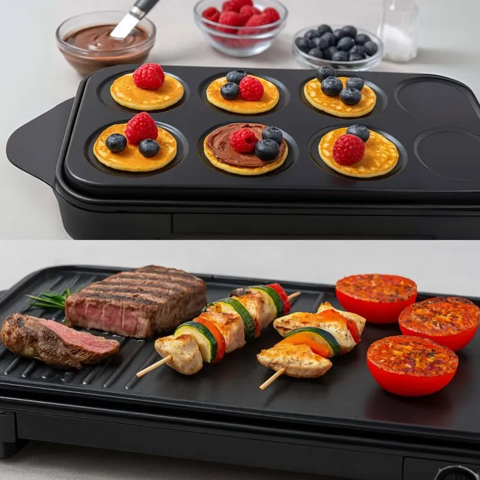 Livoo DOC349N - Crêpière et plancha grill 2-en-1, 1500W, plaques amovibles 54.4x28.8 cm, revêtement antiadhésif sans PFAS, thermostat réglable, noir