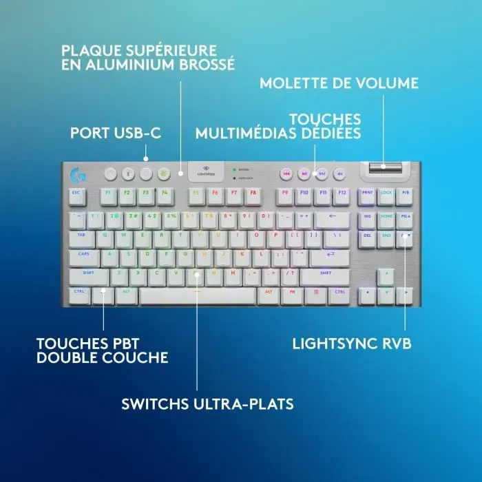 Logitech G G915 TKL X - Clavier gamer sans fil AZERTY, switches tactiles, rétroéclairage - Blanc