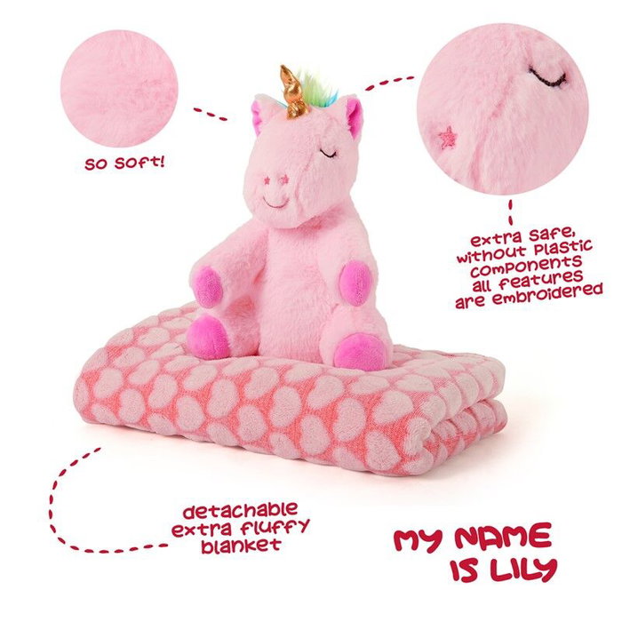 PERLETTI Peluche et Couverture Douce Licorne Lily - Peluche 22 cm, Couverture 120x80 cm - Doudou et Plaid