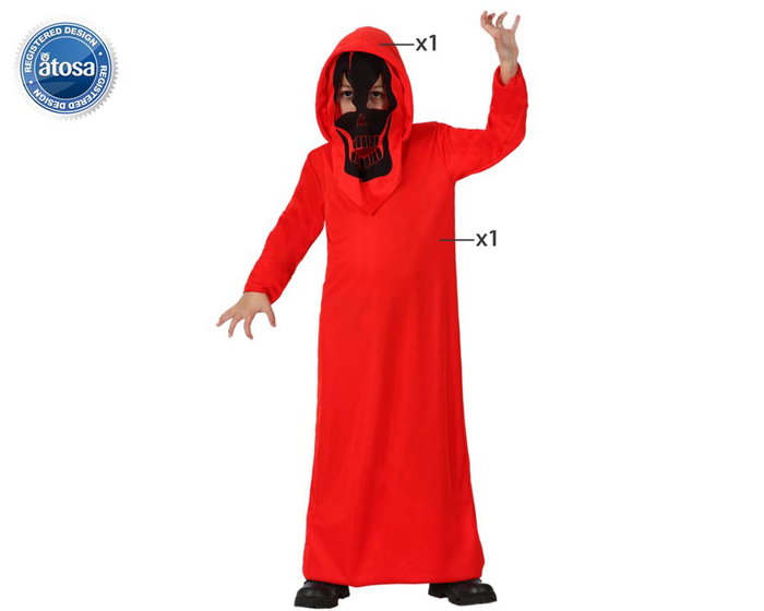 Déguisement Enfant Démon et Squelette Halloween - Tunique avec Capuche et Masque Intégrée - Taille 10-12 Ans - Rouge