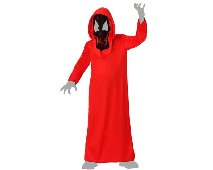 Déguisement Enfant Démon et Squelette Halloween - Tunique avec Capuche et Masque Intégrée - Taille 10-12 Ans - Rouge