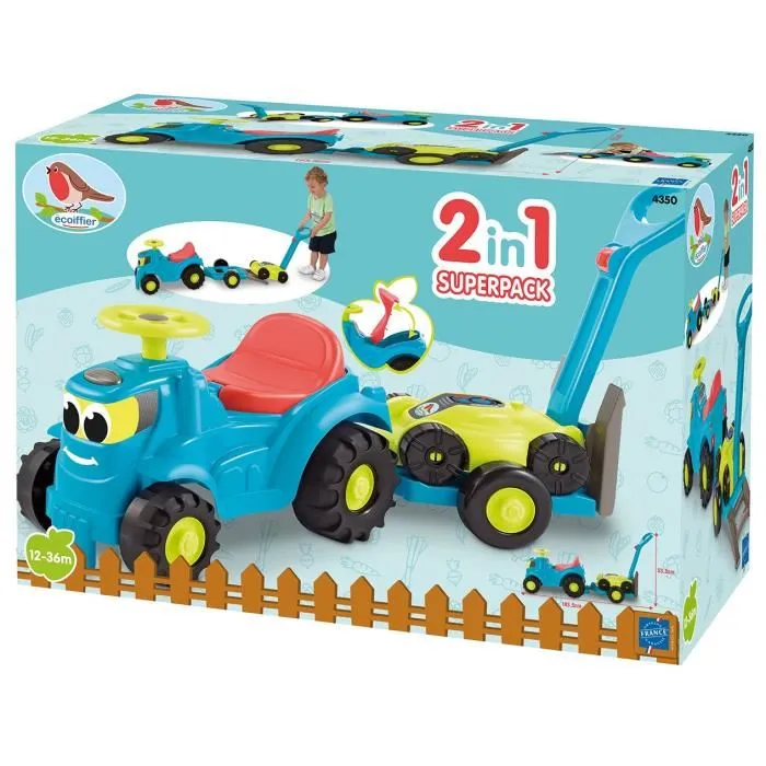 Ecoiffier Porteur Tracteur avec Remorque et Tondeuse à Gazon 103,5 cm - Ensemble de Jeu d'Imitation pour Enfant - Origine France Garantie Ecoiffier Porteur Tracteur avec Remorque et Tondeuse à Gazon 103,5 cm - Ensemble de Jeu d'Imitation pour Enfant - Origine France Garantie