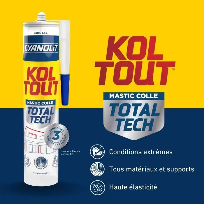 Cyanolit Total Tech Cristal - Mastic-colle transparent universel 290 ml - Pour fixation, étanchéité et réparation multi-matériaux, résistance jusqu'à 300 kg Cyanolit Total Tech Cristal - Mastic-colle transparent universel 290 ml - Pour fixation, étanchéité et réparation multi-matériaux, résistance jusqu'à 300 kg