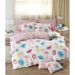BigBuy Home Parure de couette King size Blanc, Rose, Bleu et Jaune, 3 pièces