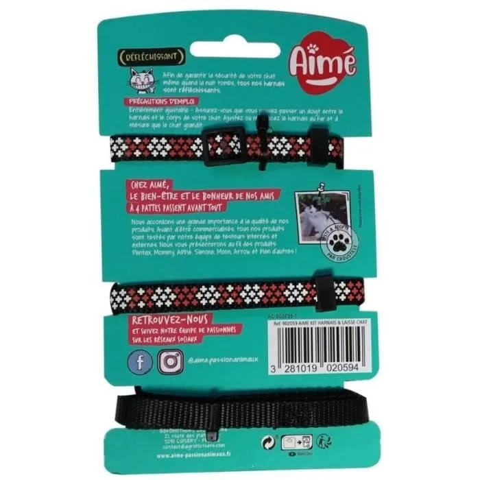 AIMÉ - Kit harnais et laisse réfléchissant pour chat - Rouge - Taille ajustable 18-28 cm - Nylon non toxique