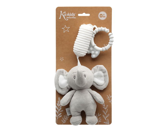 KioKids Peluche Sonajero Elefante Gris - Hochet et Mangeoire Doux pour Bébés +0 Mois, Sonnette et Jouet d'Éveil Sensoriel pour Corde de Lit et Poussette