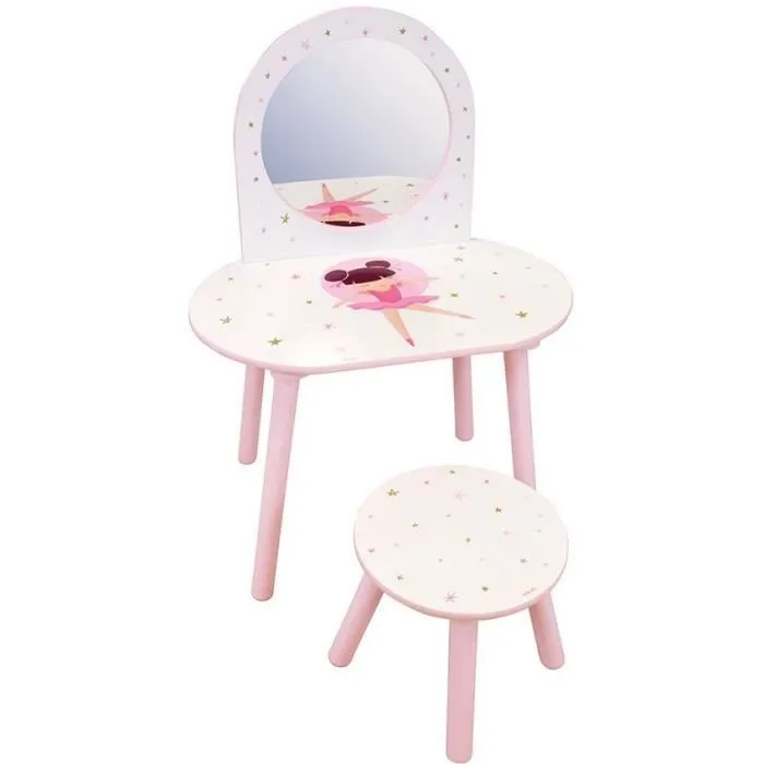 Fun House Coiffeuse Danseuse Ballerine avec Tabouret - Coiffeuse Enfant H 80 cm x L 60 cm x P 40 cm, Tabouret H 26.9 cm - Miroir Acrylique Incassable - Montage Facile