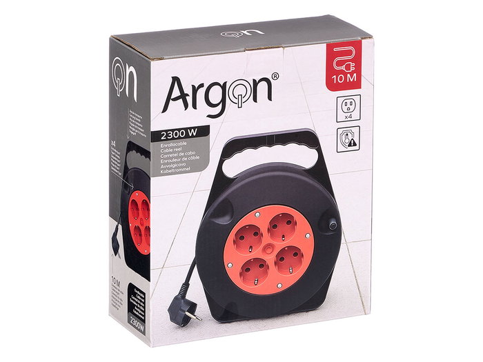 Argon Rallonge électrique enroulable 10 m, 4 prises, 2300W, 24x25x9 cm, Noir et Rouge (Set de 6)